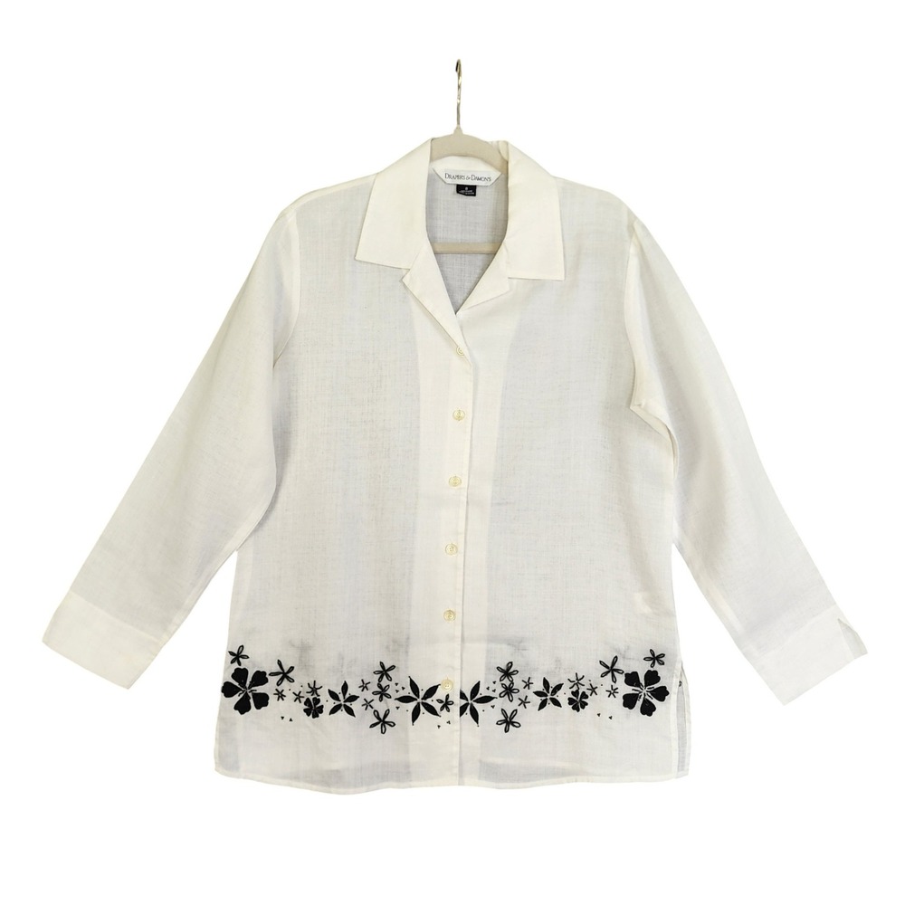 Drapers & Damons Womens Ramie Floral Beaded Embroidered Button Down Size 8 White